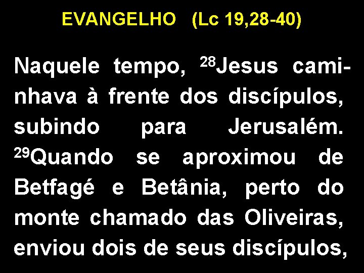 EVANGELHO (Lc 19, 28 -40) Naquele tempo, 28 Jesus caminhava à frente dos discípulos,