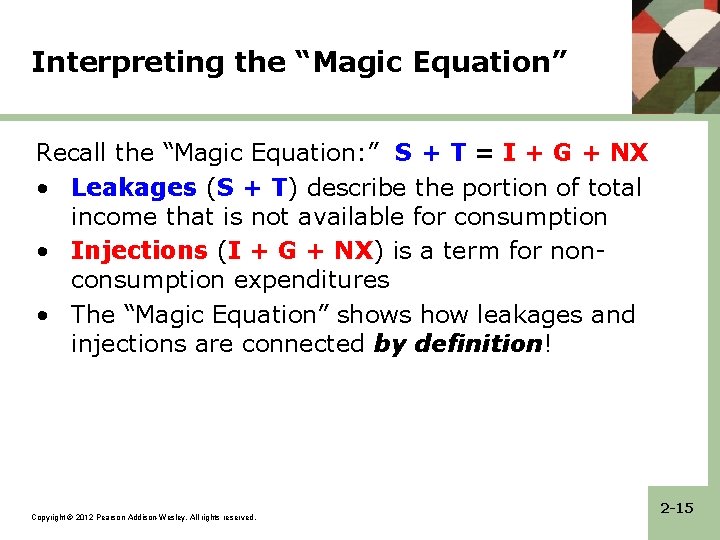 Interpreting the “Magic Equation” Recall the “Magic Equation: ” S + T = I