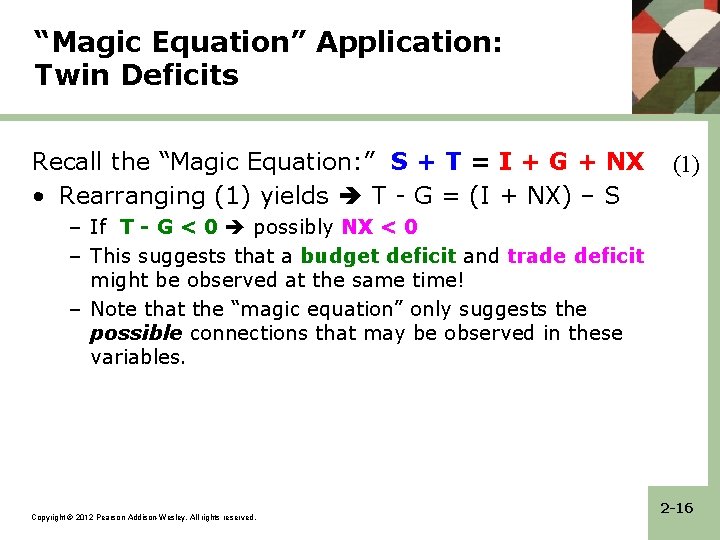 “Magic Equation” Application: Twin Deficits Recall the “Magic Equation: ” S + T =