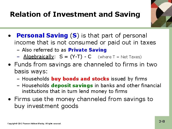 Relation of Investment and Saving • Personal Saving (S) is that part of personal