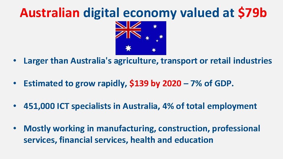 Australian digital economy valued at $79 b • Larger than Australia's agriculture, transport or