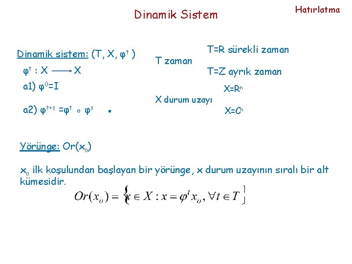 Hatırlatma Dinamik Sistem Dinamik sistem: (T, X, φt ) φt : X X T