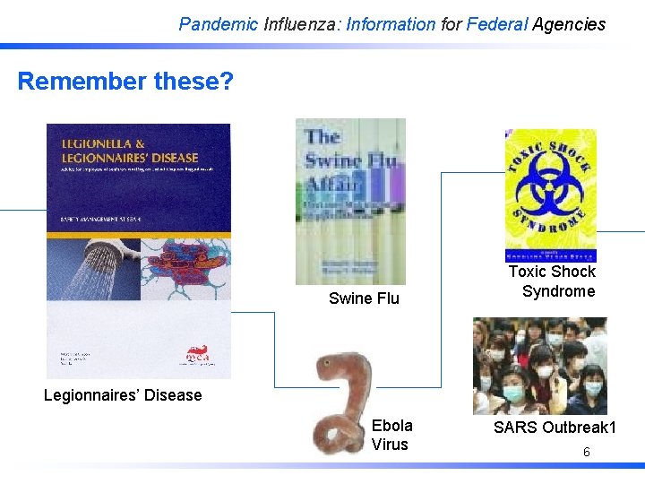 Pandemic Influenza: Information for Federal Agencies Remember these? Swine Flu Toxic Shock Syndrome Legionnaires’