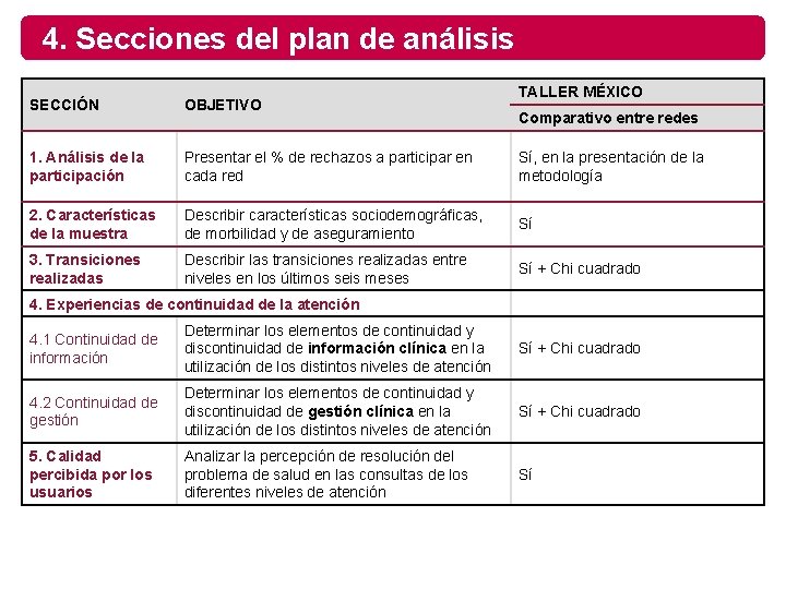 4. Secciones del plan de análisis TALLER MÉXICO SECCIÓN OBJETIVO 1. Análisis de la