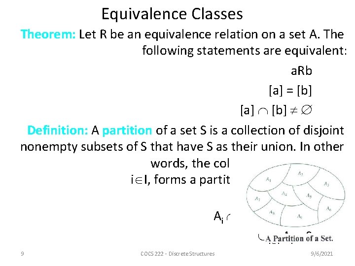 Equivalence Classes Theorem: Let R be an equivalence relation on a set A. The