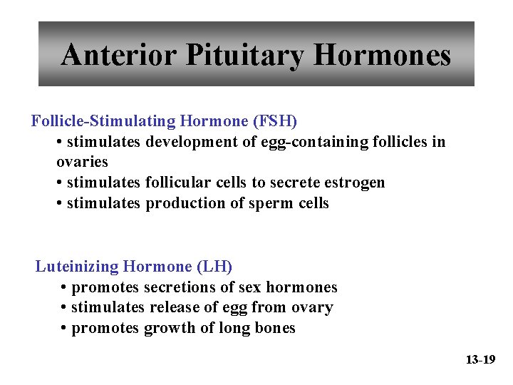 Anterior Pituitary Hormones Follicle-Stimulating Hormone (FSH) • stimulates development of egg-containing follicles in ovaries