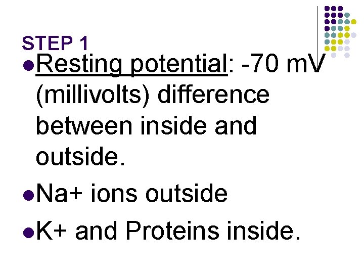 STEP 1 l. Resting potential: -70 m. V (millivolts) difference between inside and outside.