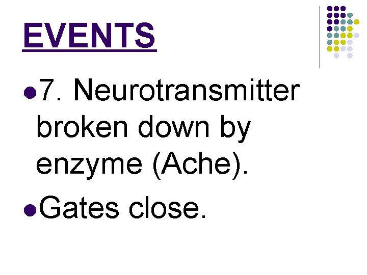 EVENTS l 7. Neurotransmitter broken down by enzyme (Ache). l. Gates close. 