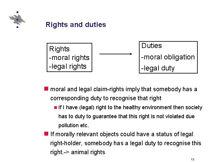 Rights and duties Rights -moral rights -legal rights Duties -moral obligation -legal duty n