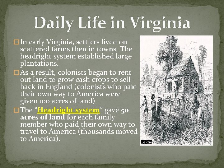 Daily Life in Virginia � In early Virginia, settlers lived on scattered farms then