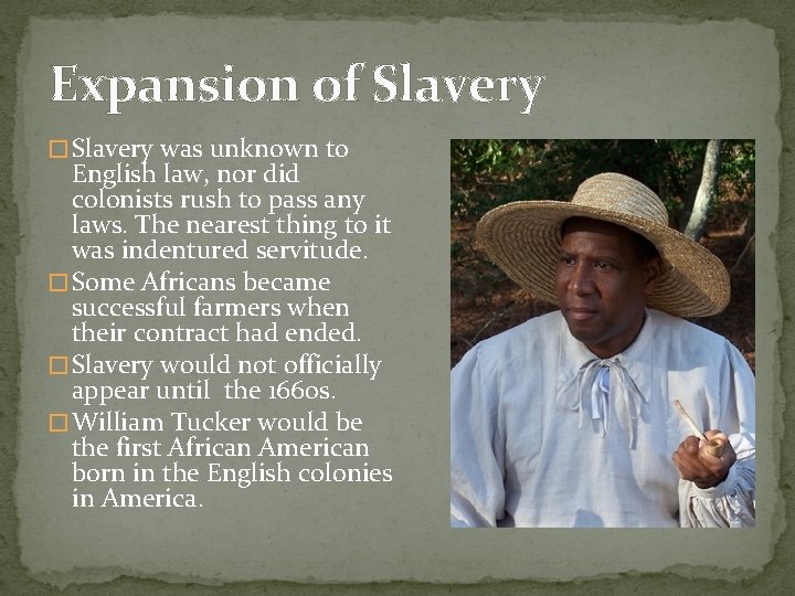 Expansion of Slavery � Slavery was unknown to English law, nor did colonists rush