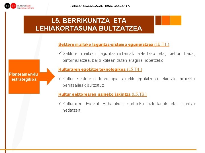 Kulturaren Euskal Kontseilua, 2012 ko ekainaren 27 a L 5. BERRIKUNTZA ETA LEHIAKORTASUNA BULTZATZEA