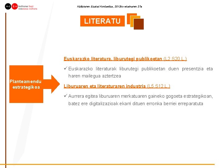 Kulturaren Euskal Kontseilua, 2012 ko ekainaren 27 a LITERATU RA Euskarazko literatura, liburutegi publikoetan