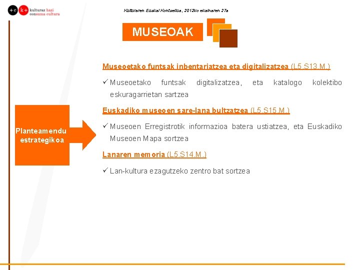 Kulturaren Euskal Kontseilua, 2012 ko ekainaren 27 a MUSEOAK Museoetako funtsak inbentariatzea eta digitalizatzea