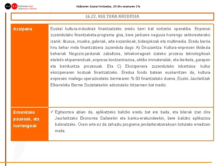 Kulturaren Euskal Kontseilua, 2012 ko ekainaren 27 a L 6. Z 2. KULTURA KREDITUA