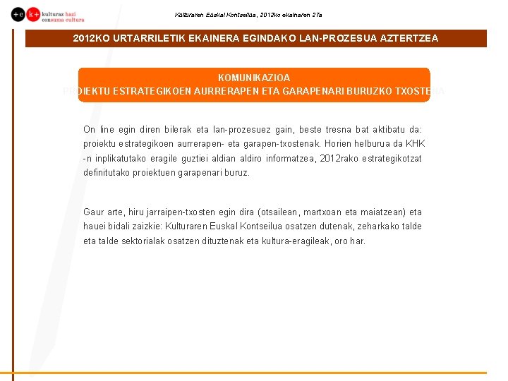 Kulturaren Euskal Kontseilua, 2012 ko ekainaren 27 a 2012 KO URTARRILETIK EKAINERA EGINDAKO LAN-PROZESUA