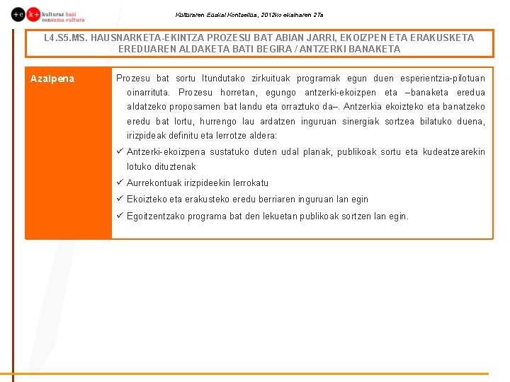 Kulturaren Euskal Kontseilua, 2012 ko ekainaren 27 a L 4. S 5. MS. HAUSNARKETA-EKINTZA