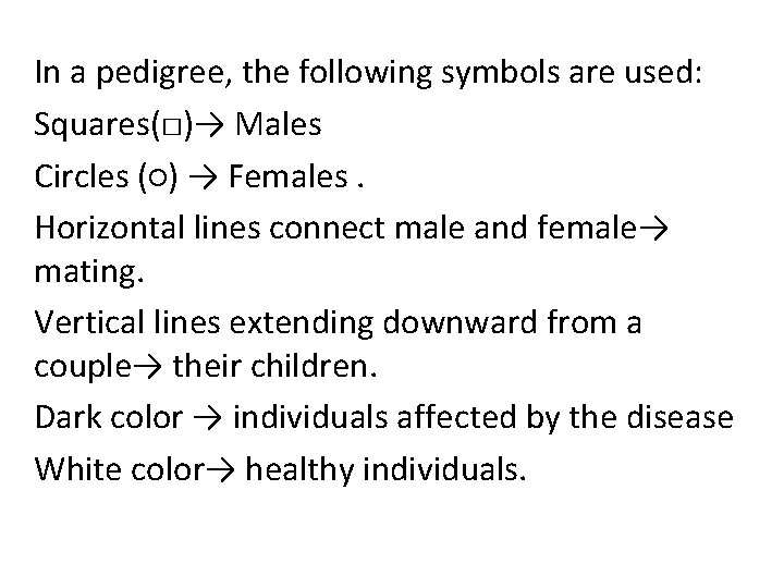 In a pedigree, the following symbols are used: Squares(□)→ Males Circles (○) → Females.