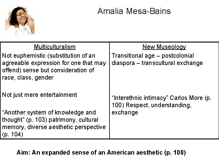 Amalia Mesa-Bains Multiculturalism New Museology Not euphemistic (substitution of an Transitional age – postcolonial