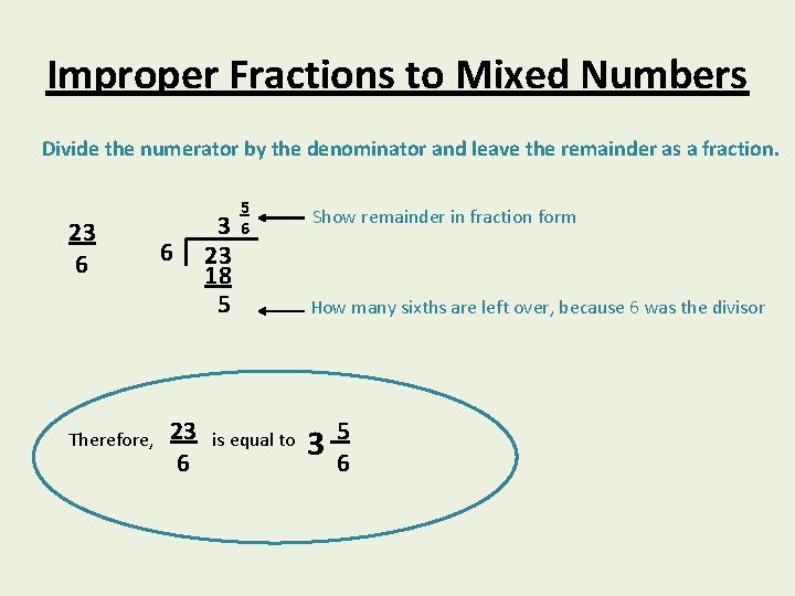 Improper Fractions to Mixed Numbers Divide the numerator by the denominator and leave the