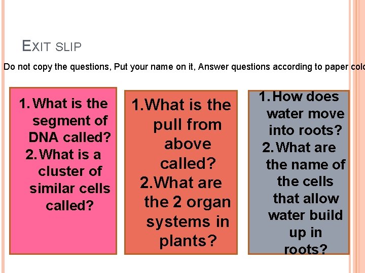 EXIT SLIP Do not copy the questions, Put your name on it, Answer questions