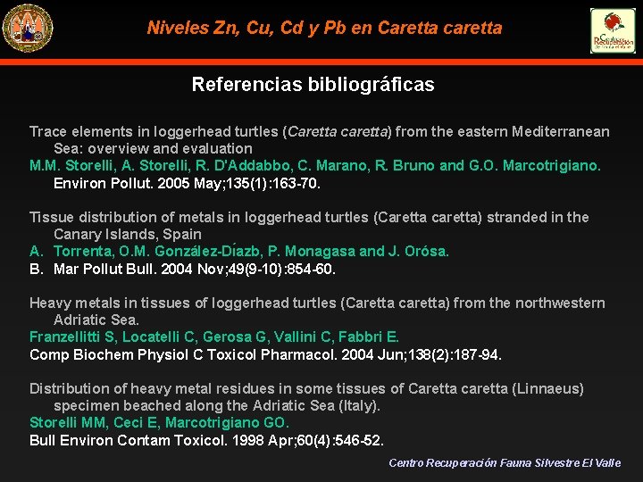 Niveles Zn, Cu, Cd y Pb en Caretta caretta Referencias bibliográficas Trace elements in