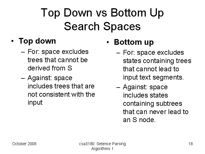 Top Down vs Bottom Up Search Spaces • Top down • Bottom up –
