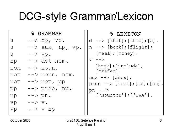 DCG-style Grammar/Lexicon s s s np nom nom pp np vp vp % GRAMMAR