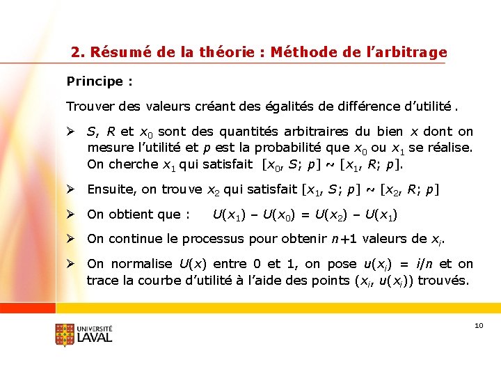 2. Résumé de la théorie : Méthode de l’arbitrage Principe : Trouver des valeurs