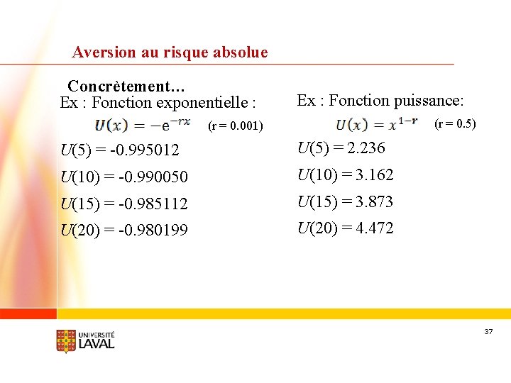 Aversion au risque absolue Concrètement… Ex : Fonction exponentielle : Ex : Fonction puissance: