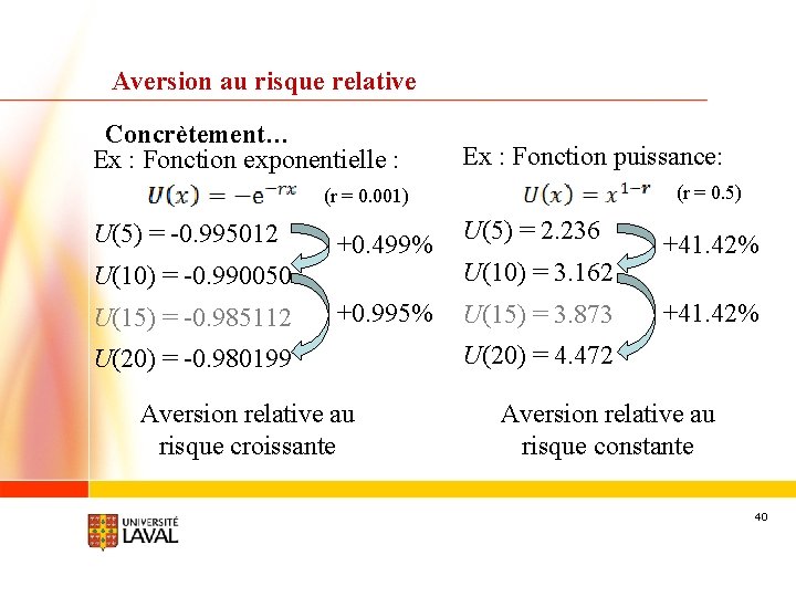 Aversion au risque relative Concrètement… Ex : Fonction exponentielle : Ex : Fonction puissance: