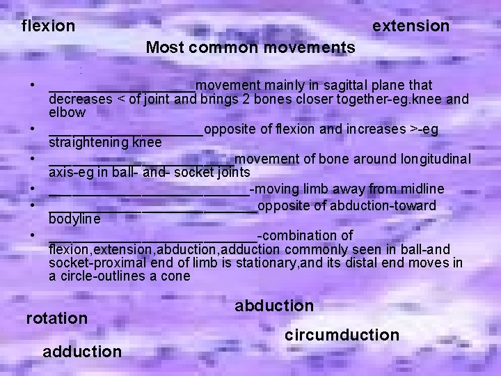 flexion extension Most common movements : • __________movement mainly in sagittal plane that decreases flexion extension Most common movements : • __________movement mainly in sagittal plane that decreases