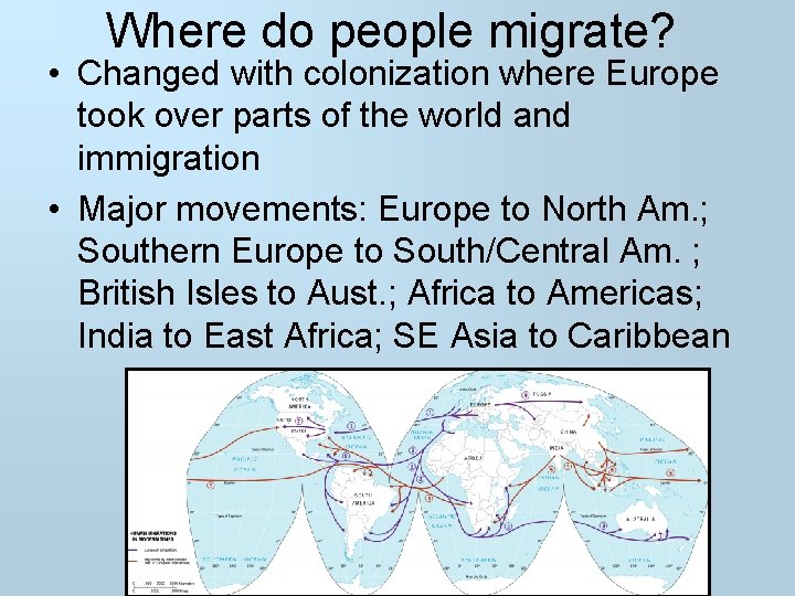 Where do people migrate? • Changed with colonization where Europe took over parts of