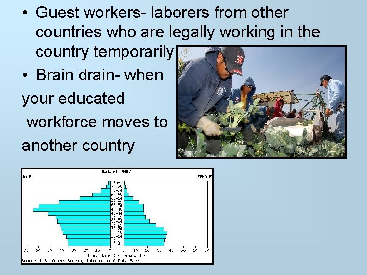  • Guest workers- laborers from other countries who are legally working in the