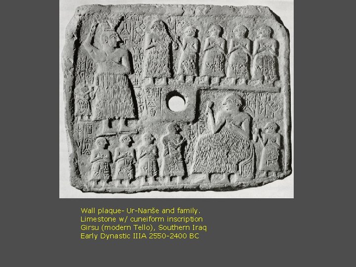 Wall plaque- Ur-Nanše and family. Limestone w/ cuneiform inscription Girsu (modern Tello), Southern Iraq