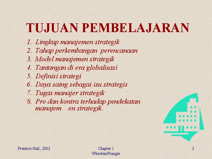 TUJUAN PEMBELAJARAN 1. 2. 3. 4. 5. 6. 7. 8. Lingkup manajemen strategik Tahap