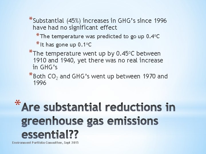 *Substantial (45%) increases in GHG’s since 1996 have had no significant effect * The