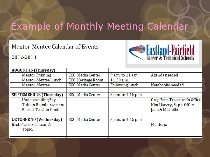 Example of Monthly Meeting Calendar 