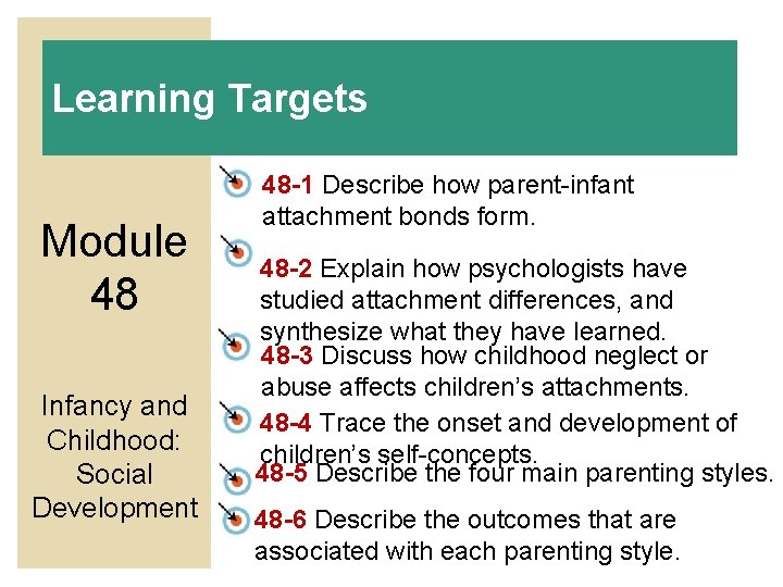 Learning Targets Module 48 Infancy and Childhood: Social Development 48 -1 Describe how parent-infant