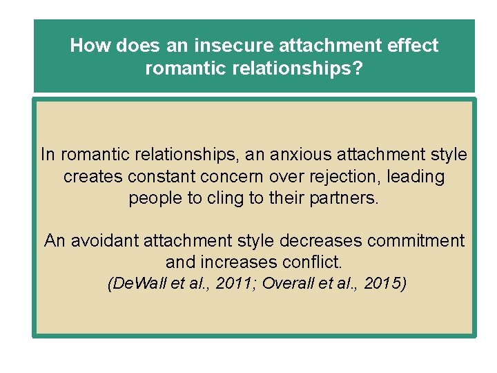 How does an insecure attachment effect romantic relationships? In romantic relationships, an anxious attachment