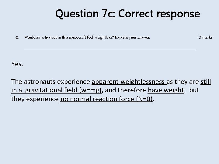Question 7 c: Correct response Yes. The astronauts experience apparent weightlessness as they are
