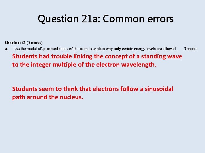 Question 21 a: Common errors Students had trouble linking the concept of a standing