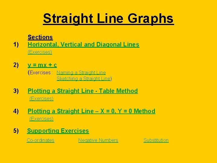 Straight Line Graphs 1) Sections Horizontal, Vertical and Diagonal Lines (Exercises) 2) y =