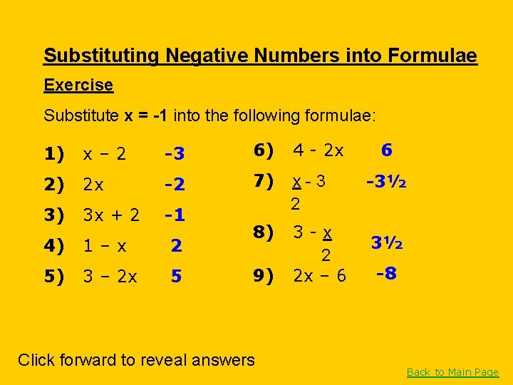 Substituting Negative Numbers into Formulae Exercise Substitute x = -1 into the following formulae: