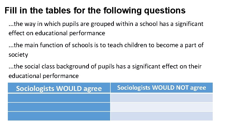 Fill in the tables for the following questions. . . the way in which