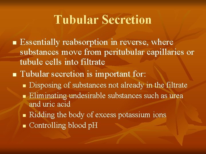 Tubular Secretion n n Essentially reabsorption in reverse, where substances move from peritubular capillaries