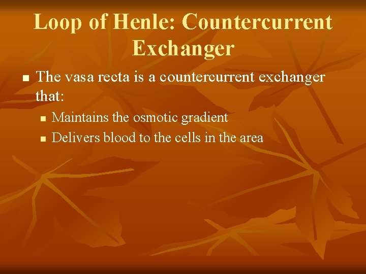 Loop of Henle: Countercurrent Exchanger n The vasa recta is a countercurrent exchanger that: