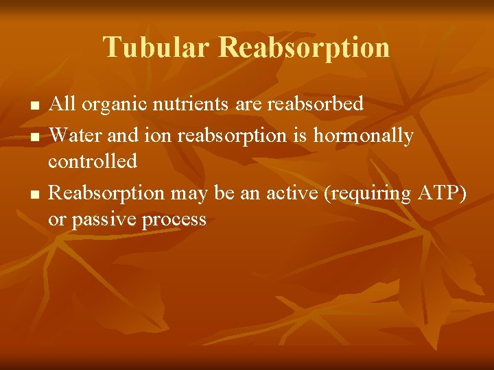 Tubular Reabsorption n All organic nutrients are reabsorbed Water and ion reabsorption is hormonally