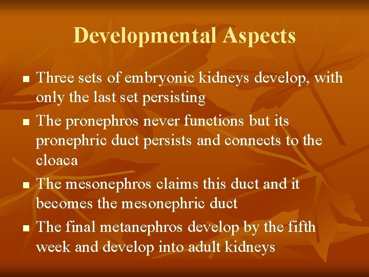 Developmental Aspects n n Three sets of embryonic kidneys develop, with only the last