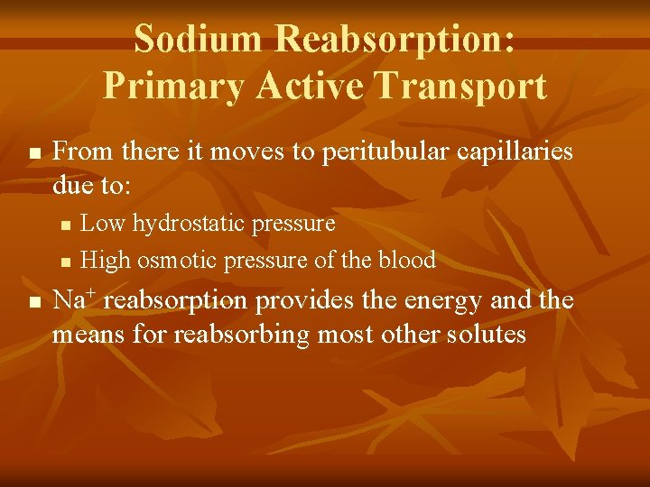 Sodium Reabsorption: Primary Active Transport n From there it moves to peritubular capillaries due